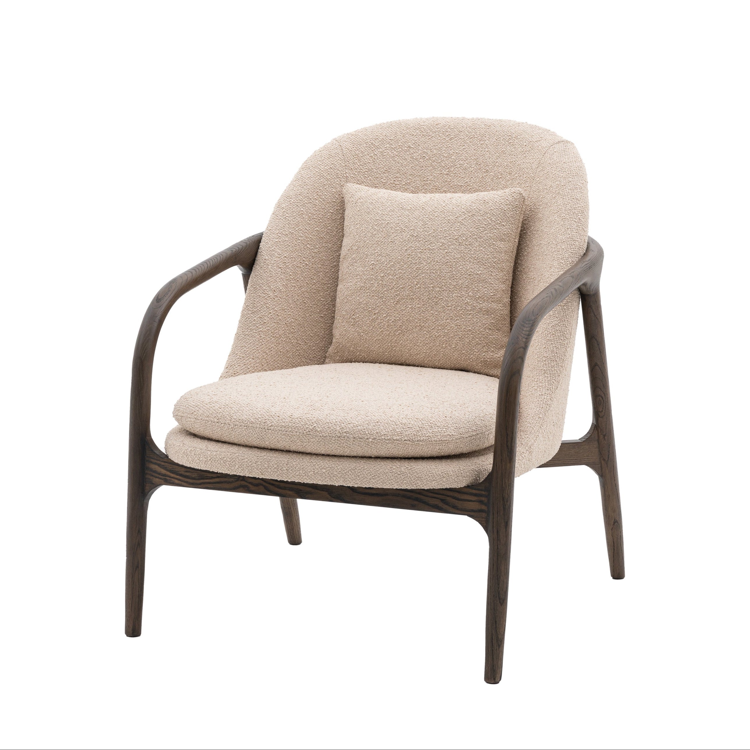 Arabella Dark Oak Wood & Taupe Boucle Curved Armchair